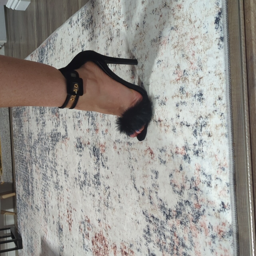 Black Ankle Strap Heels With Black Fur